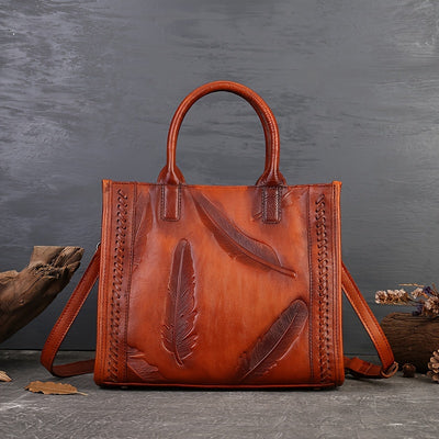 [Adjustable Strap Tote Bag Women] Vintage-Style Tote Bag With Adjustable Shoulder Strap, Feather Pattern, Large Capacity Handbag For Women