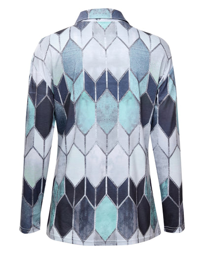 Colorful Geometric Zip-Up Long Sleeve Women Shirt - Stretchy & Comfortable Polyester Blend, Machine Washable - Casual Style for All Seasons