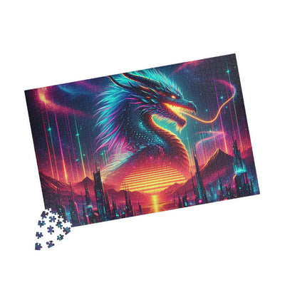 Neon Cyberpunk Dragon Art | Sci-Fi Vaporwave Fantasy Wall Print | Futuristic Decor | Digital Print Puzzle (110, 252, 520, 1014-piece)