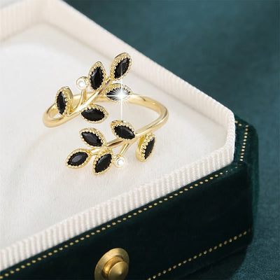 Elegant Leaf Design Open Ring with Sparkling Cubic Zirconia - Luxurious Copper, Perfect for Parties & Vacations, Party Wear|Sophisticated Style|Polished For Women