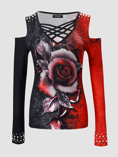 Casual V-Neck Long Sleeve T-Shirt - Floral Print Color Block Women's T-Shirt - Every Day Tops, Women's Clothing