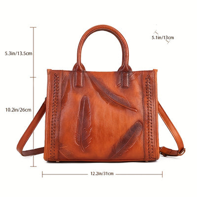 [Adjustable Strap Tote Bag Women] Vintage-Style Tote Bag With Adjustable Shoulder Strap, Feather Pattern, Large Capacity Handbag For Women