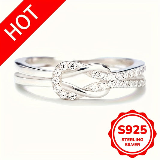 1pc Exquisite Knot Shaped 925 Sterling Silver Ring - Statement Jewelry with Inlaid Shining Zirconia for Evening Party, Cocktail Party, Anniversary, Birthday Gift for Her, Elegant and Sophisticated Accessory