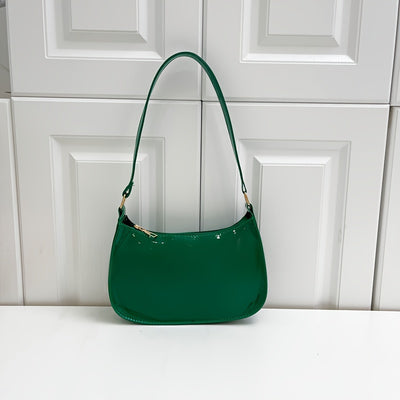 Trendy Glossy Shoulder Bag, Women Patent PU Leather Handbag, Simple Solid Color Underarm Purse