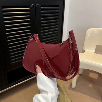 Trendy Glossy Shoulder Bag, Women Patent PU Leather Handbag, Simple Solid Color Underarm Purse