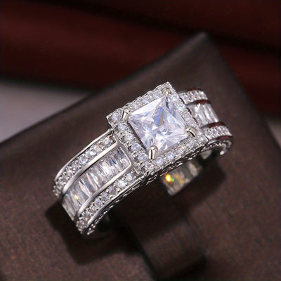 Stunning Square Cut Zirconia Halo Ring - Elegant Wedding Engagement Promise Ring for Women - Valentine's Day Jewelry, Inlaid Shiny Design, Comfort Fit, Hypoallergenic, Nickel-Free, Perfect Gift for Her