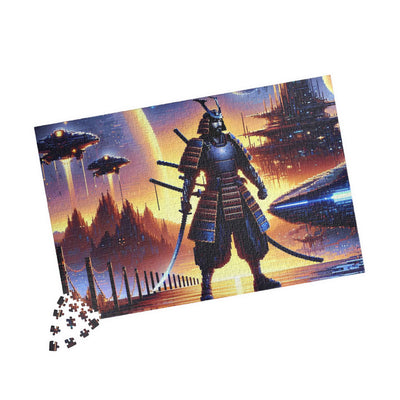 Futuristic Samurai and Spaceships | Sci-Fi Cyberpunk Wall Art | Japanese Warrior Digital Print V1 Puzzle (110, 252, 520, 1014-piece)
