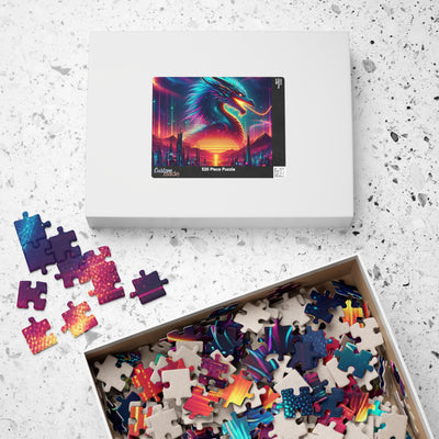 Neon Cyberpunk Dragon Art | Sci-Fi Vaporwave Fantasy Wall Print | Futuristic Decor | Digital Print Puzzle (110, 252, 520, 1014-piece)