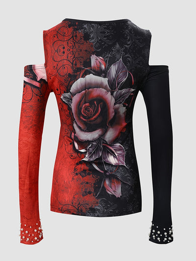 Casual V-Neck Long Sleeve T-Shirt - Floral Print Color Block Women's T-Shirt - Every Day Tops, Women's Clothing