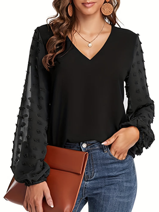 [Dot Sleeve Shirt For Spring] Swiss Dot Sleeve Shirt, Casual V Neck Solid Shirt For Spring & Fall, Women's Clothing