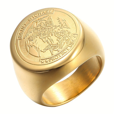 Saint Michael Protect Us Rings for Men, Stainless Steel Archangel Medal Round Signet Amulet Religion Ring, Golden Silveryy Jewelry Gifts