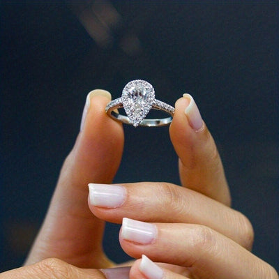 Luxurious Teardrop White Zirconia Engagement Ring - Wedding Bands with Exquisite Silver Plating, Inlaid Design, and Evening Party Decor for Female - Perfect for Special Occasions and Romantic Gestures