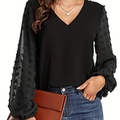 [Dot Sleeve Shirt For Spring] Swiss Dot Sleeve Shirt, Casual V Neck Solid Shirt For Spring & Fall, Women's Clothing