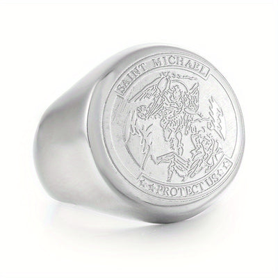 Saint Michael Protect Us Rings for Men, Stainless Steel Archangel Medal Round Signet Amulet Religion Ring, Golden Silveryy Jewelry Gifts
