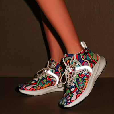 Hand-Painted Cartoon Print Women's Reflective Lace-Up High-Top Sneakers - Lightweight Winter-Ready Casual Shoes with Soft Fabric Upper & EVA/Rubber Sole for North American & Mexican Fashion