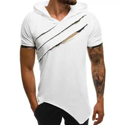 Herren T-Shirts Lässig Zerrissen Kurzarm Zerrissen Unregelmäßiger Saum Schlank mit Kapuze T-Shirt Fitness Hoodie Sommer 2021