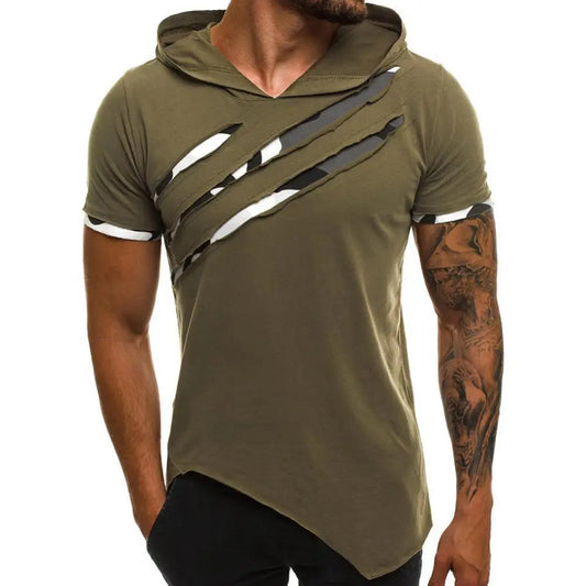 Men T-Shirts Casual Ripped Short Sleeve Ripped Irregular Hem Slim with Hood T-shirt Fitness Hoodie Summer 2021