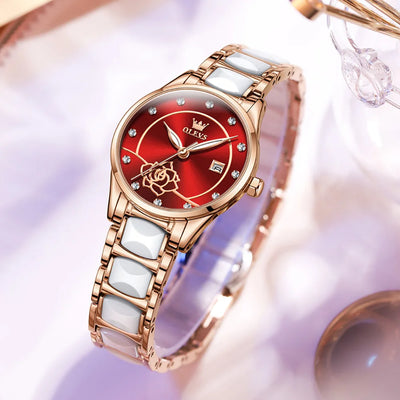 OLEVS Luxury Women Watch Camellia Quartz Japan Movement 30M Waterproof Watch For Women Ceramics Women Wristwatch