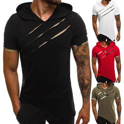 Herren T-Shirts Lässig Zerrissen Kurzarm Zerrissen Unregelmäßiger Saum Schlank mit Kapuze T-Shirt Fitness Hoodie Sommer 2021