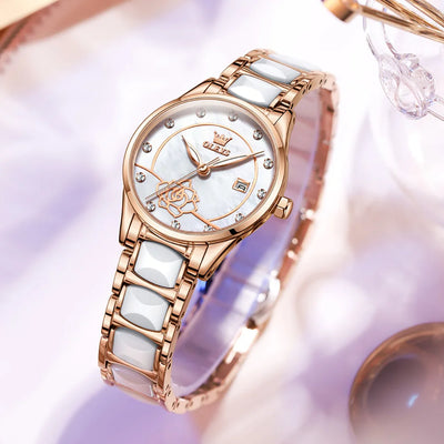 OLEVS Luxury Women Watch Camellia Quartz Japan Movement 30M Waterproof Watch For Women Ceramics Women Wristwatch