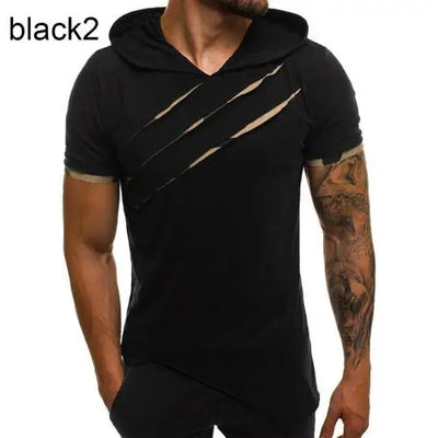 Herren T-Shirts Lässig Zerrissen Kurzarm Zerrissen Unregelmäßiger Saum Schlank mit Kapuze T-Shirt Fitness Hoodie Sommer 2021