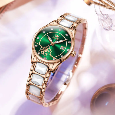 OLEVS Luxury Women Watch Camellia Quartz Japan Movement 30M Waterproof Watch For Women Ceramics Women Wristwatch