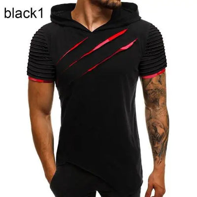 Herren T-Shirts Lässig Zerrissen Kurzarm Zerrissen Unregelmäßiger Saum Schlank mit Kapuze T-Shirt Fitness Hoodie Sommer 2021