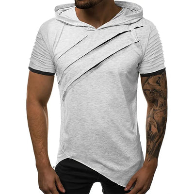 Herren T-Shirts Lässig Zerrissen Kurzarm Zerrissen Unregelmäßiger Saum Schlank mit Kapuze T-Shirt Fitness Hoodie Sommer 2021
