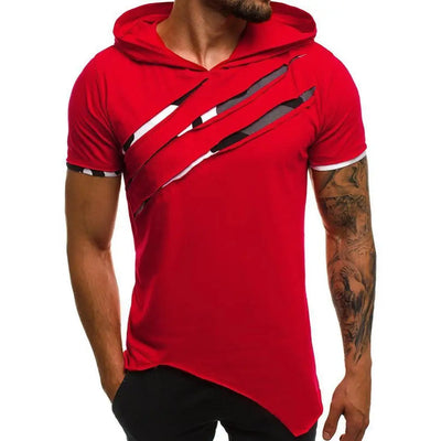 Herren T-Shirts Lässig Zerrissen Kurzarm Zerrissen Unregelmäßiger Saum Schlank mit Kapuze T-Shirt Fitness Hoodie Sommer 2021