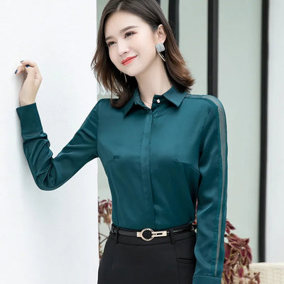 Fashion Women Shirt New Spring Autumn Temperament Long Sleeve Formal Slim Satin Blouses Office Ladies Work Tops