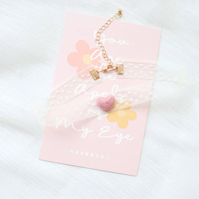 Fashion Choker Necklace For Women Lovely Pink Lace Pearl Heart Pendant Short Clavicle Necklace Aesthetic Jewelry Gift For Her