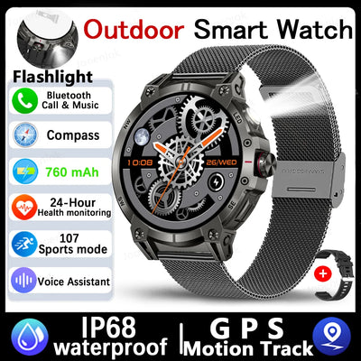 Military Smart Watch Men 760mAh Large Battery LED Flashlight Compass 1.8