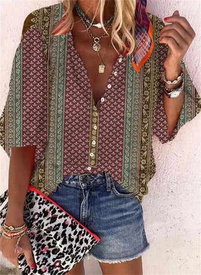 Women's Shirts & Blouses Spring Summer New Fashion Vintage Printed Casual Vacation Bohemian Style Lady Single-breasted Shirt Top