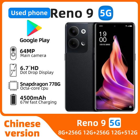 oppo Reno9 5G Android 6.7 inch 12GB RAM 256GB ROM Unlocked All Colours in Good Condition Original used phone