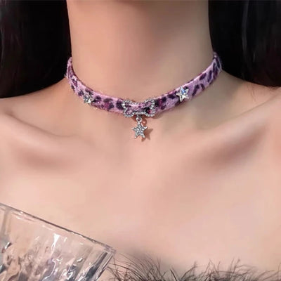 Plush Leopard Bone Necklace Choker Korean Kawaii Fashion Star Pendant Necklace Harajuku Sexy Accessories Women Y2K Jewelry Gift