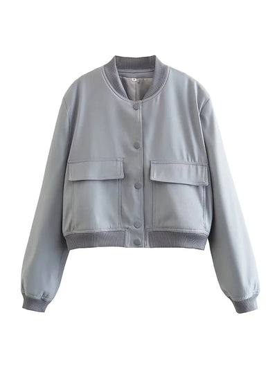 TRAF Women's Bomber Jacket Long Sleeve Coat with Pockets Retro Front Button Jacket Elegant High Street Jacket New Jacket Tops