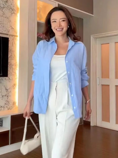 MUJER 2025 Blue Oversize Shirt Women Button up Shirts and Blouses for Women Long Sleeve Casual Women Shirt Semi Sheer Women Tops