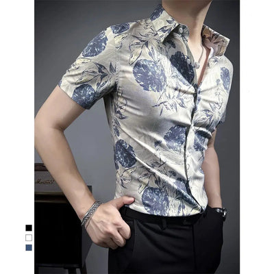 Men's short-sleeved shirt, summer slim-fit handsome fashion ice silk shirt trendy and unique print