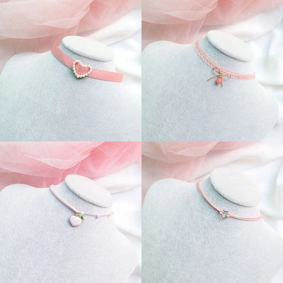 Fashion Choker Necklace For Women Lovely Pink Lace Pearl Heart Pendant Short Clavicle Necklace Aesthetic Jewelry Gift For Her