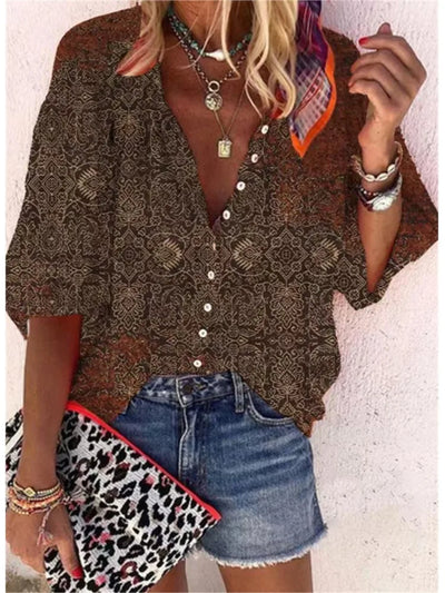 Women's Shirts & Blouses Spring Summer New Fashion Vintage Printed Casual Vacation Bohemian Style Lady Single-breasted Shirt Top