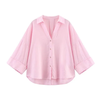 HipSeam Wide Sleeved Shirt Women Spring Asymmetric Hem Button Women's Shirts Simple Lady Johnny Collar Linen Shirts & Blouses