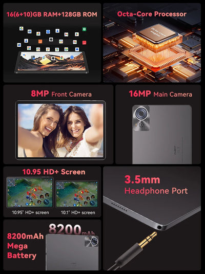 Cubot TAB 70, 2025 New Tablet Android 14, Octa-Core, 16GB RAM(6GB+10GB), 128GB ROM, 10.95