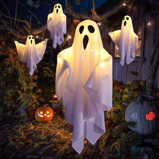 Halloween Glowing White Ghost LED Hanging Ghosts Horror Props with Fairy Light Indoor Outdoor Haunted House Halloween Decoration