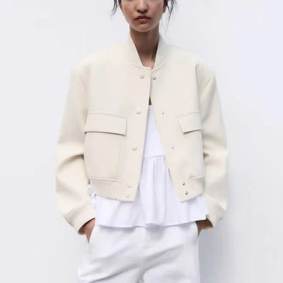 TRAF Women's Bomber Jacket Long Sleeve Coat with Pockets Retro Front Button Jacket Elegant High Street Jacket New Jacket Tops