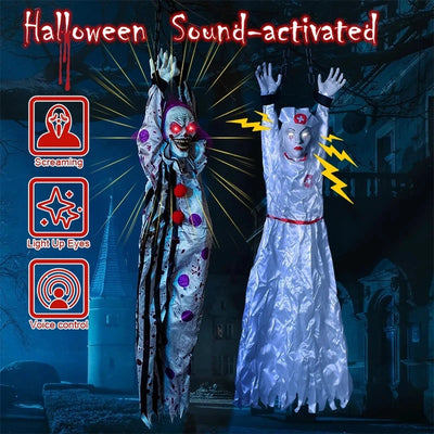 1PC Halloween Hanging Animated Decorations Talking Shaking Scary Clown with Chain Voice Control Outdoor Yard Haunted House Prop