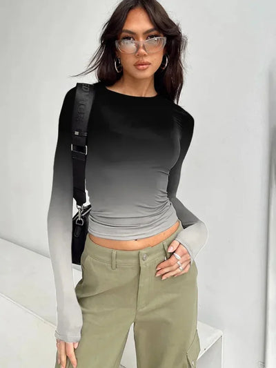 Gradient Color T Shirts For Women Aesthetic Clothes Long Sleeve Crop Top Y2k Accessories O-neck Tshirt Slim Fit Ropa De Mujer