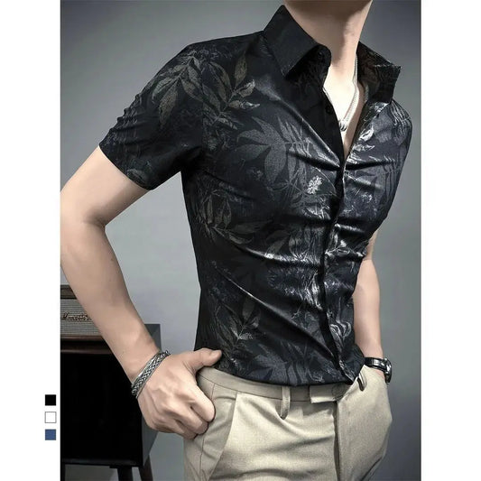 Men's short-sleeved shirt, summer slim-fit handsome fashion ice silk shirt trendy and unique print