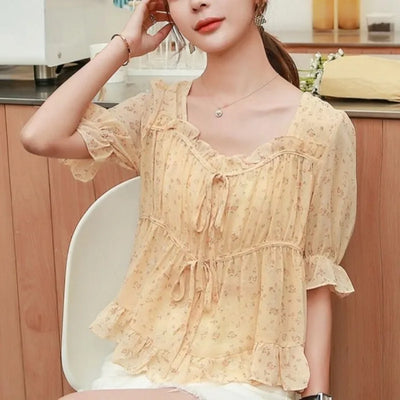 Camisas y blusas para mujer Top sencillo con volantes y estampado Nueva colección 2024 Moda coreana Novedades de verano con estilo Talla M