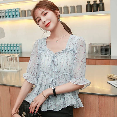 Camisas y blusas para mujer Top sencillo con volantes y estampado Nueva colección 2024 Moda coreana Novedades de verano con estilo Talla M