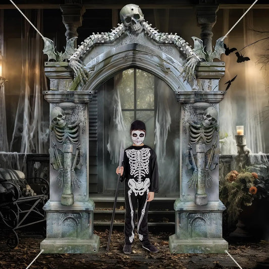 Halloween Skeleton Party Decorations Scary Tombstones Door Banner Creepy Bats Photo Booth Props Large Horror Graveyard Photograp